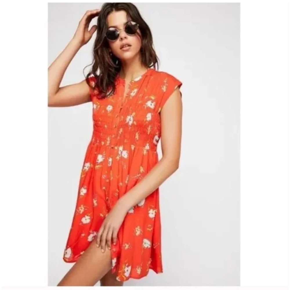 Free People Greatest Day Smocked Mini Dress Red Floral L